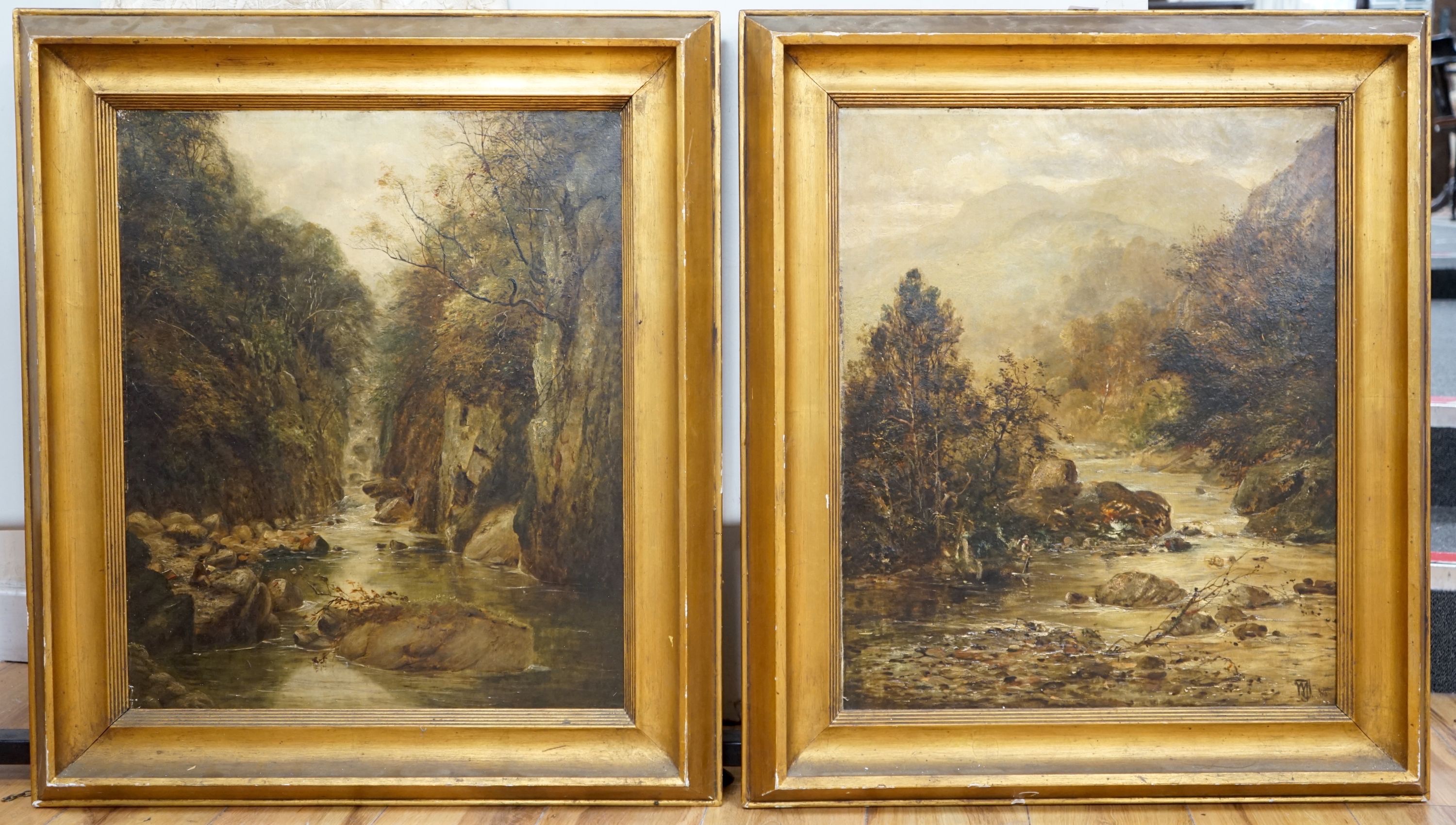 WJJ 1880, pair of oils on canvas, Angler and artist in river landscapes, one monogrammed and dated, 60 x 50cm